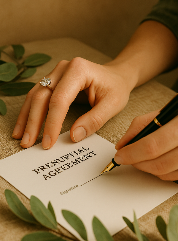 다이아몬드 반지가 놓인 혼전 합의서 위에 여성이 펜을 들고 서명하려는 모습을 클로즈업한 장면. 반짝이는 반지와 법적 문서가 대비되며, 사랑과 현실 사이의 긴장감을 상징적으로 표현한 이미지.