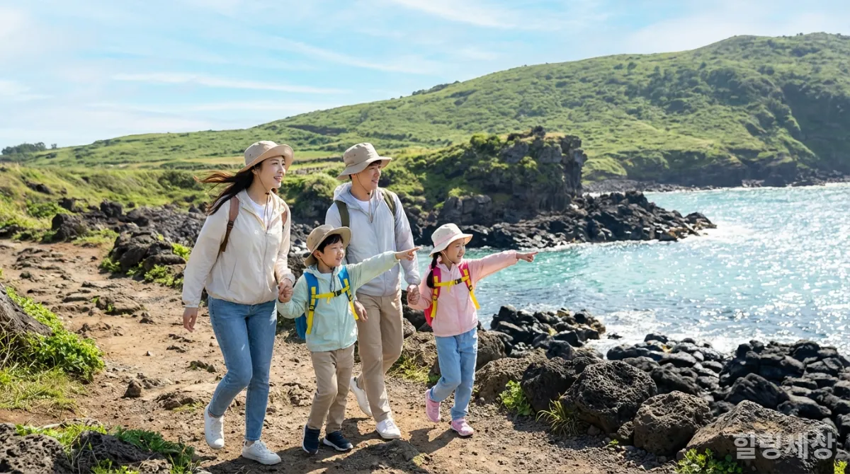 제주도 해안길을 걷는 가족의 행복한 모습