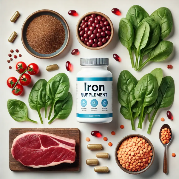 철분이 풍부한 음식과 영양제를 배열한 이미지 &ndash; 시금치, 적색육, 렌틸콩, 빨간 캡슐