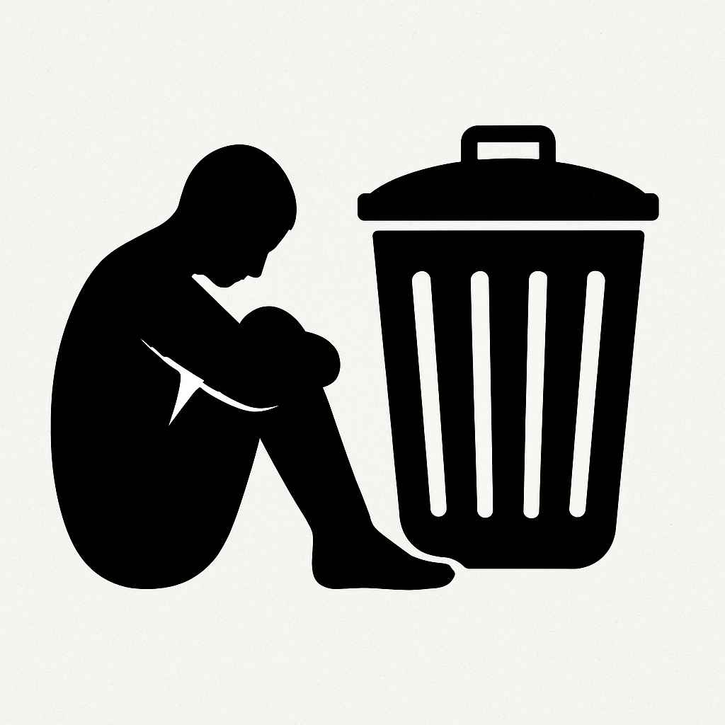 버려진 사람을 형상화한 실루엣 이미지, 쓰레기통 옆에 웅크린 사람