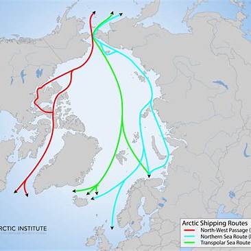 북극권 해상 항로(북서항로·북해항로 등)가 색깔 선으로 표시된 항로 지도