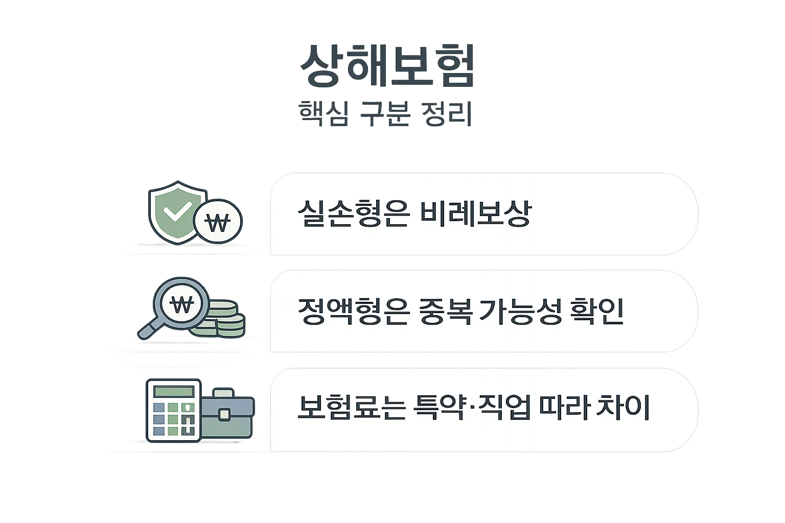 상해보험 가입 시 실손형 비례보상, 정액형 중복 가능성, 보험료 차이 요인을 함께 비교해 이해하도록 만든 이미지