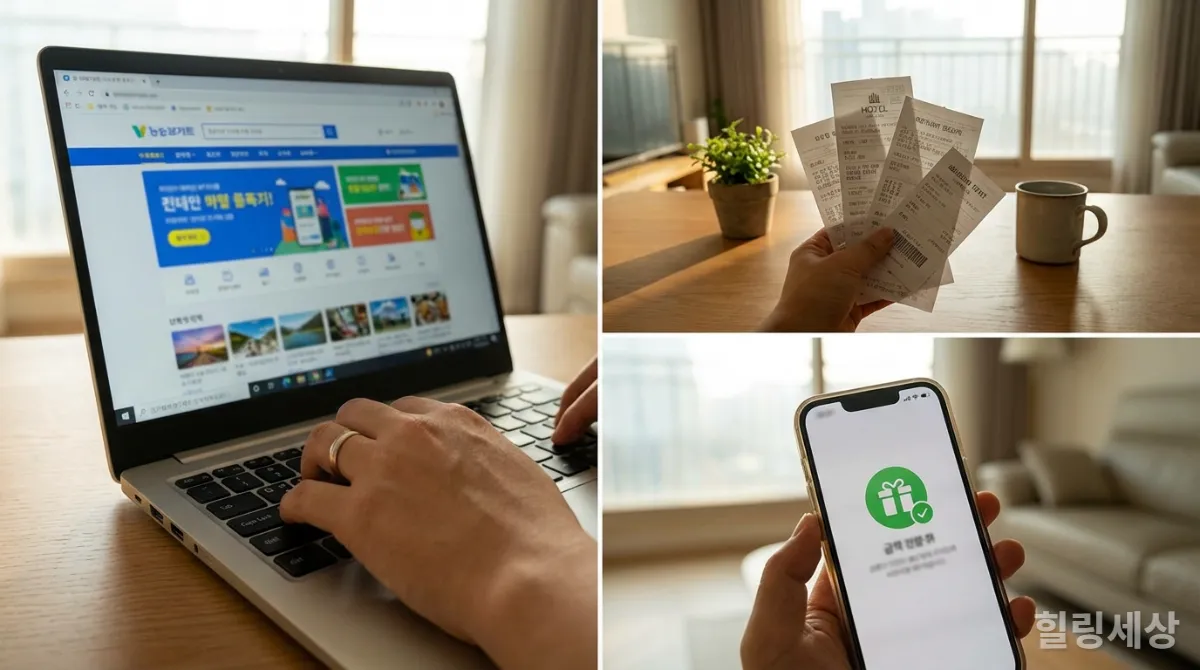여행 계획 신청, 영수증 제출, 지역사랑상품권 수령 단계를 보여주는 이미지