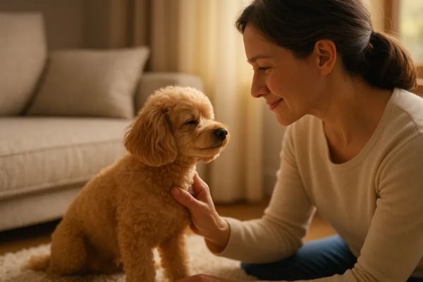 갈색 푸들 노령견이 보호자와 눈을 맞추며 어깨를 쓰다듬는 따뜻한 장면이다. 고감순간을 표현