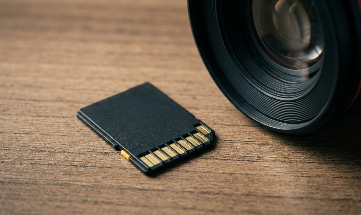 책상 위에 놓인 DSLR 카메라 렌즈 옆에 있는 검은색 SD카드 클로즈업 사진