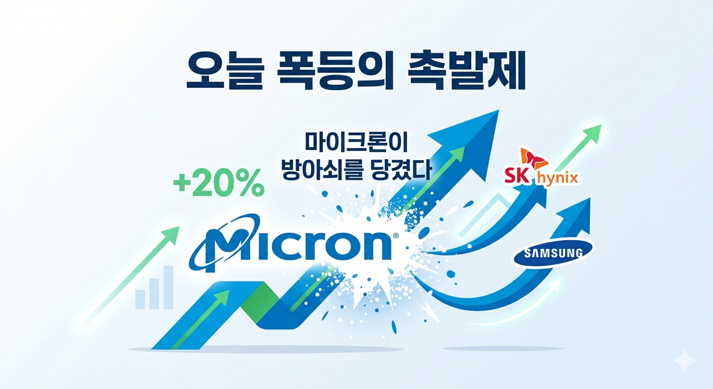 오늘 폭등의 촉발제 마이크론 상승 견인 20% 수치화 그래프 이미지화
