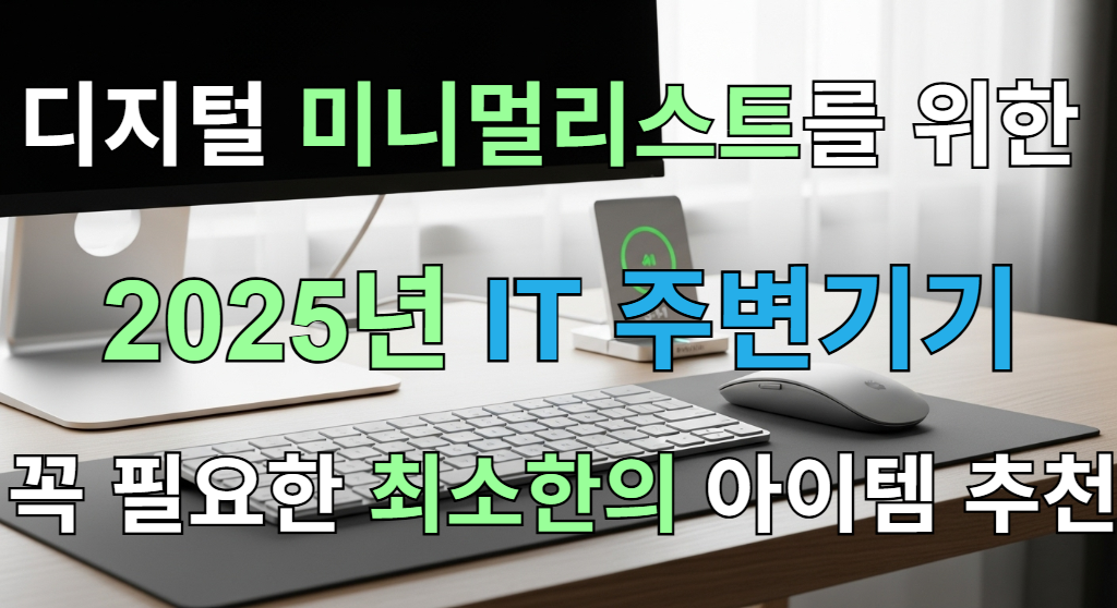 2025년 트렌드를 반영한 미니멀리스트의 깔끔한 데스크 셋업. 무선 키보드, 마우스, 3-in-1 충전기가 놓여있다.