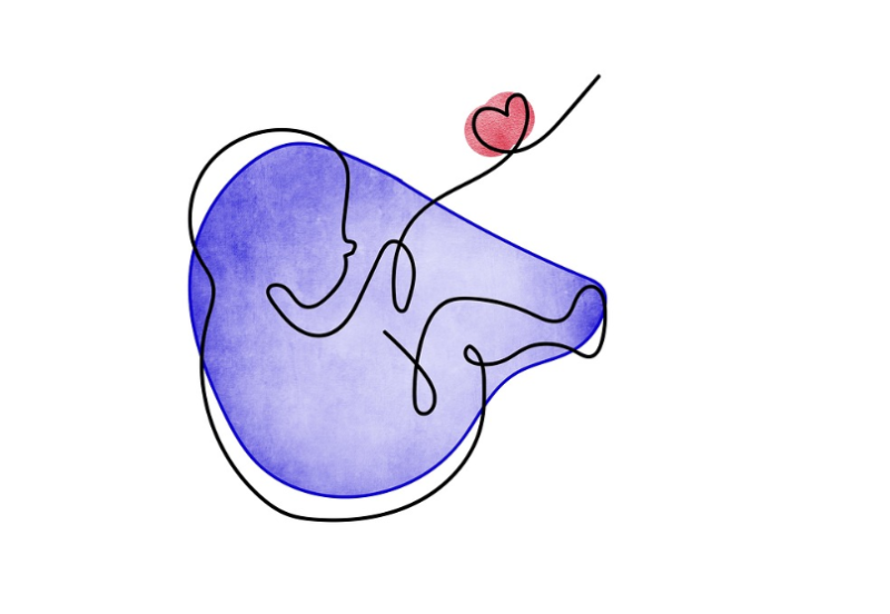 태아의 딸꾹질을 표현한 추상적 일러스트 &mdash; 자궁 속 태아가 딸꾹질을 하며 작은 하트 모양을 내뿜는 모습