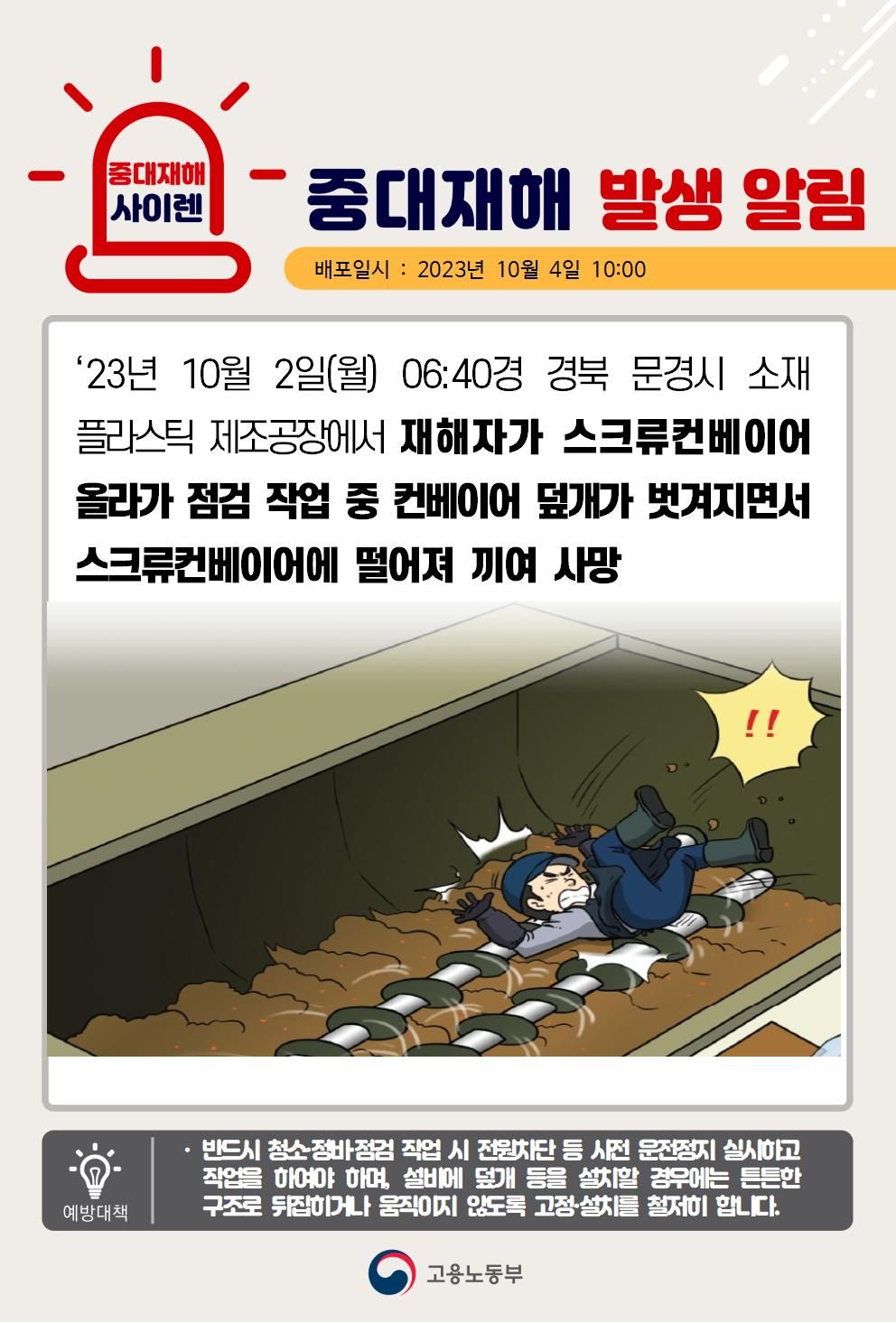 컨베이어 덮개에 올라가 점검 중 덮개가 벗겨지면서 끼임