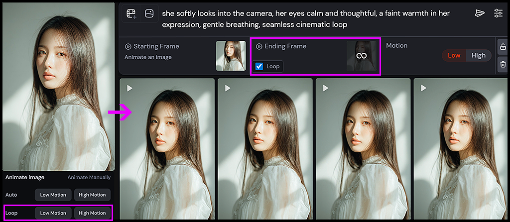 Midjourney Loop 옵션을 사용해 반복형 루프 영상을 생성하는 설정 화면_Midjourney