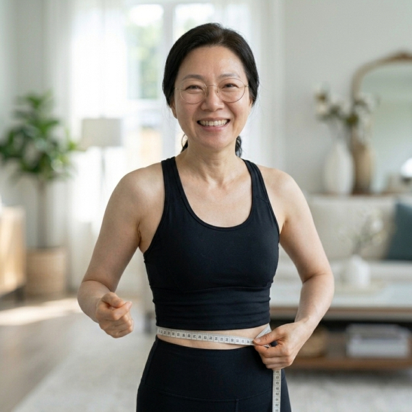 밝은 거실에서 트레이닝복을 입은 50대 여성이 날씬해진 복부에 손을 대고 자신감 있게 미소 짓는 1:1 비율의 실사 사진.