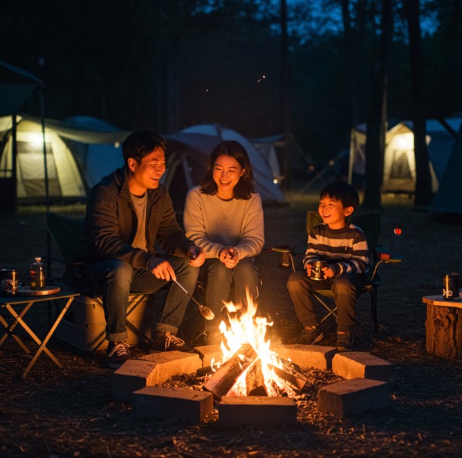 캠핑을 하고 있는 가족의 행복한 이미지