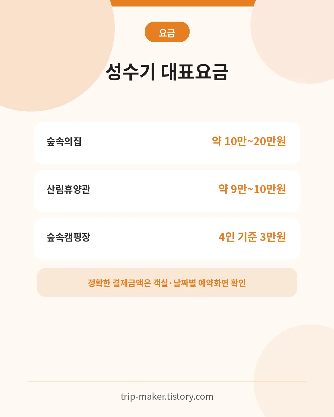 성불산 자연휴양림 숲속의집&middot;휴양관&middot;캠핑장 성수기 대표요금