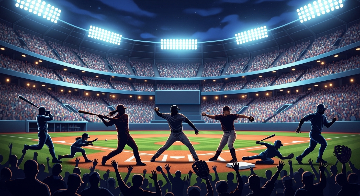 현대 야구 경기장에서 다양한 선수들이 플레이하며 과거 위대한 선수들의 유산을 이어가는 모습.