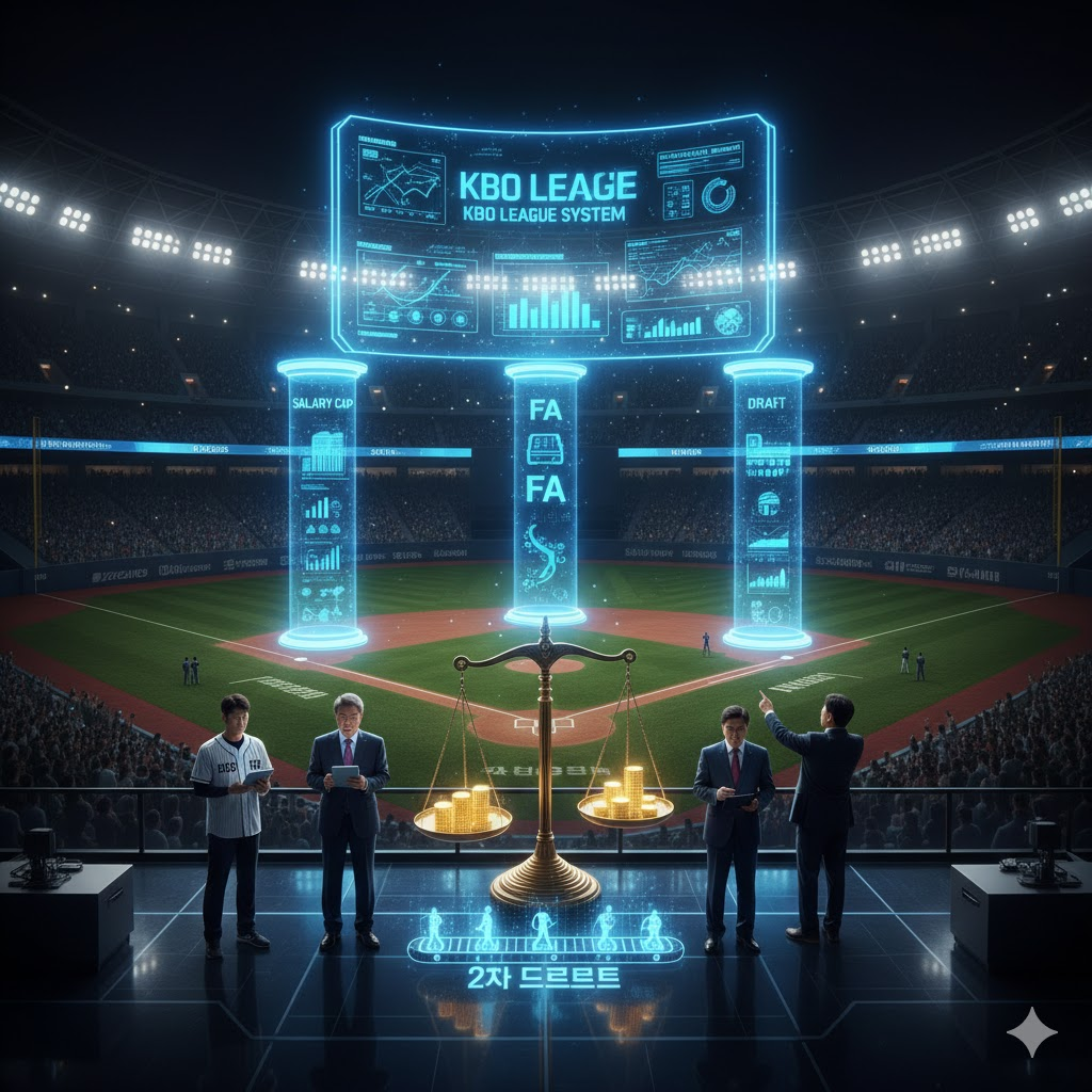 관중이 꽉찬 야구장 배경에 4명의 사람들이 자료를 보고 있고 KOB LEAGE 제도를 형상화한 인포그리픽