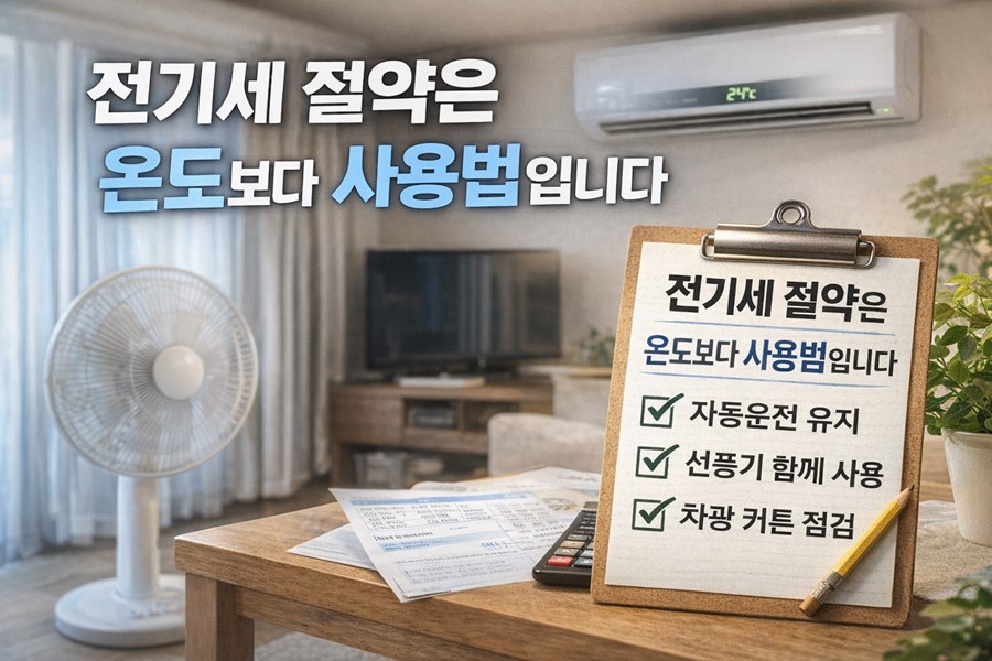 에어컨 전기세를 줄이기 위해 자동운전, 선풍기 병행, 차광 커튼 사용 같은 냉방 습관을 점검하는 체크리스트 이미지