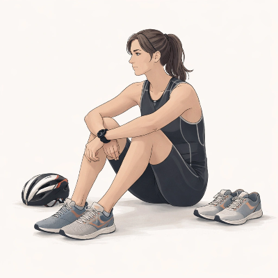 훈련 후 장비를 옆에 두고 조용히 휴식하며 생각에 잠긴 여성 트라이애슬론 선수