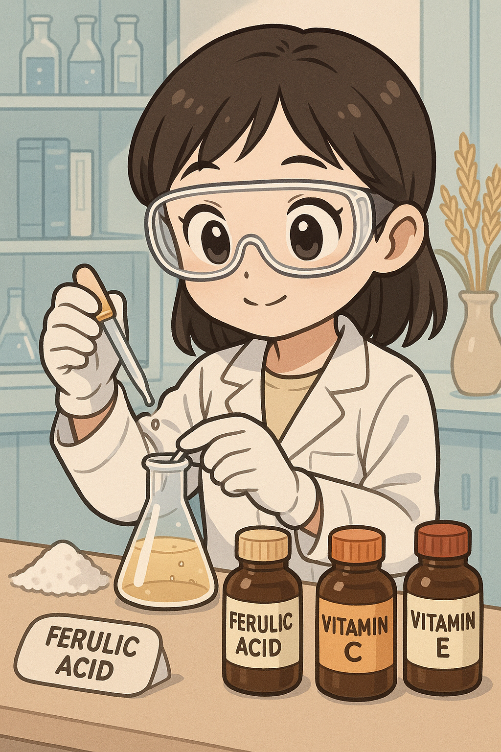 페룰릭애씨드와 비타민 C, 비타민 E를 혼합하는 실험 장면. 고글과 장갑을 착용한 연구원이 비커에 성분을 섞고 있으며, 옆에는 원료 병과 페룰릭 가루가 놓여 있음.