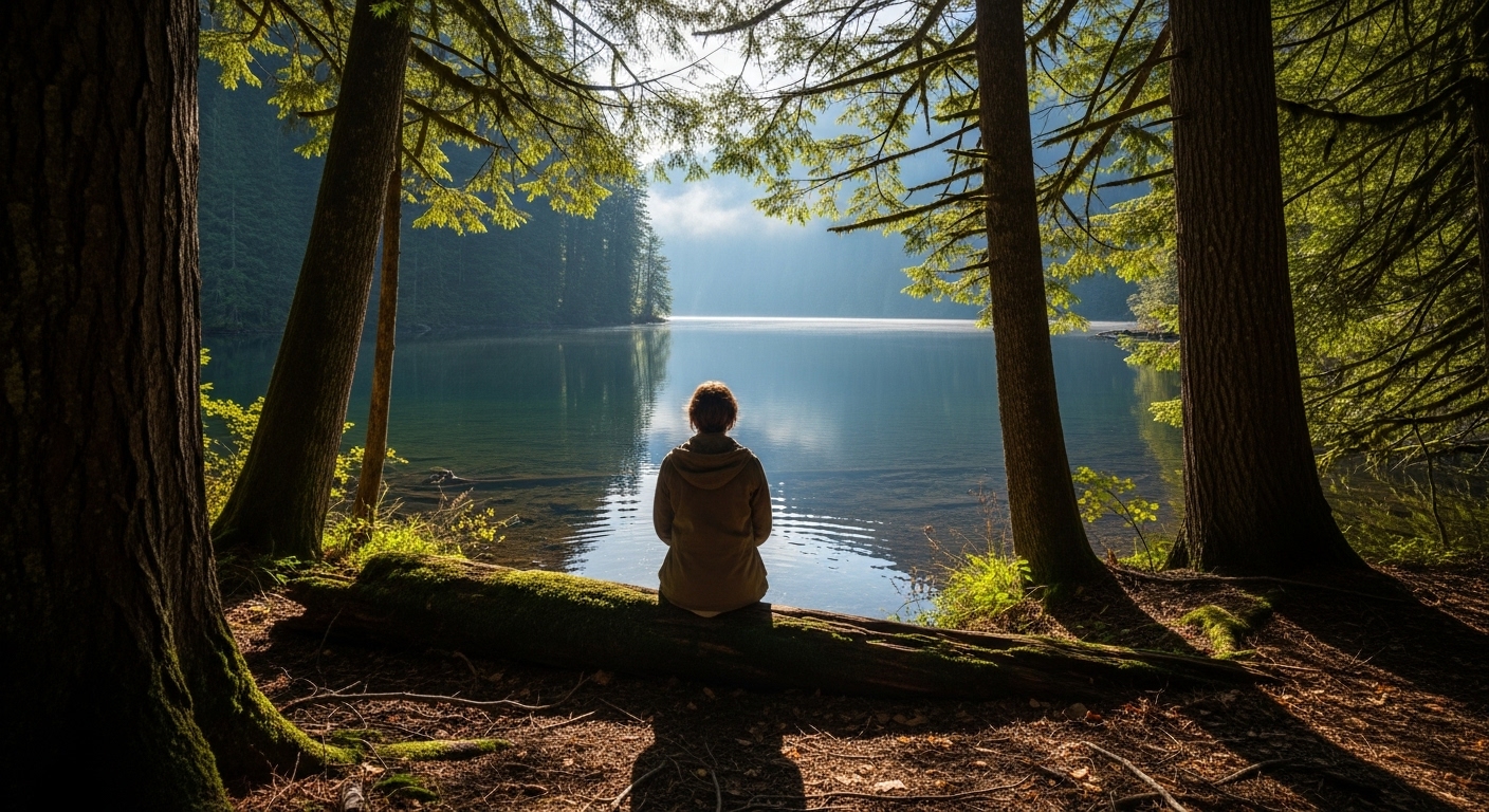 자연 속에서 평화롭게 휴식을 취하는 사람의 모습, 디지털 기기 없이 평온함을 느끼고 있다.