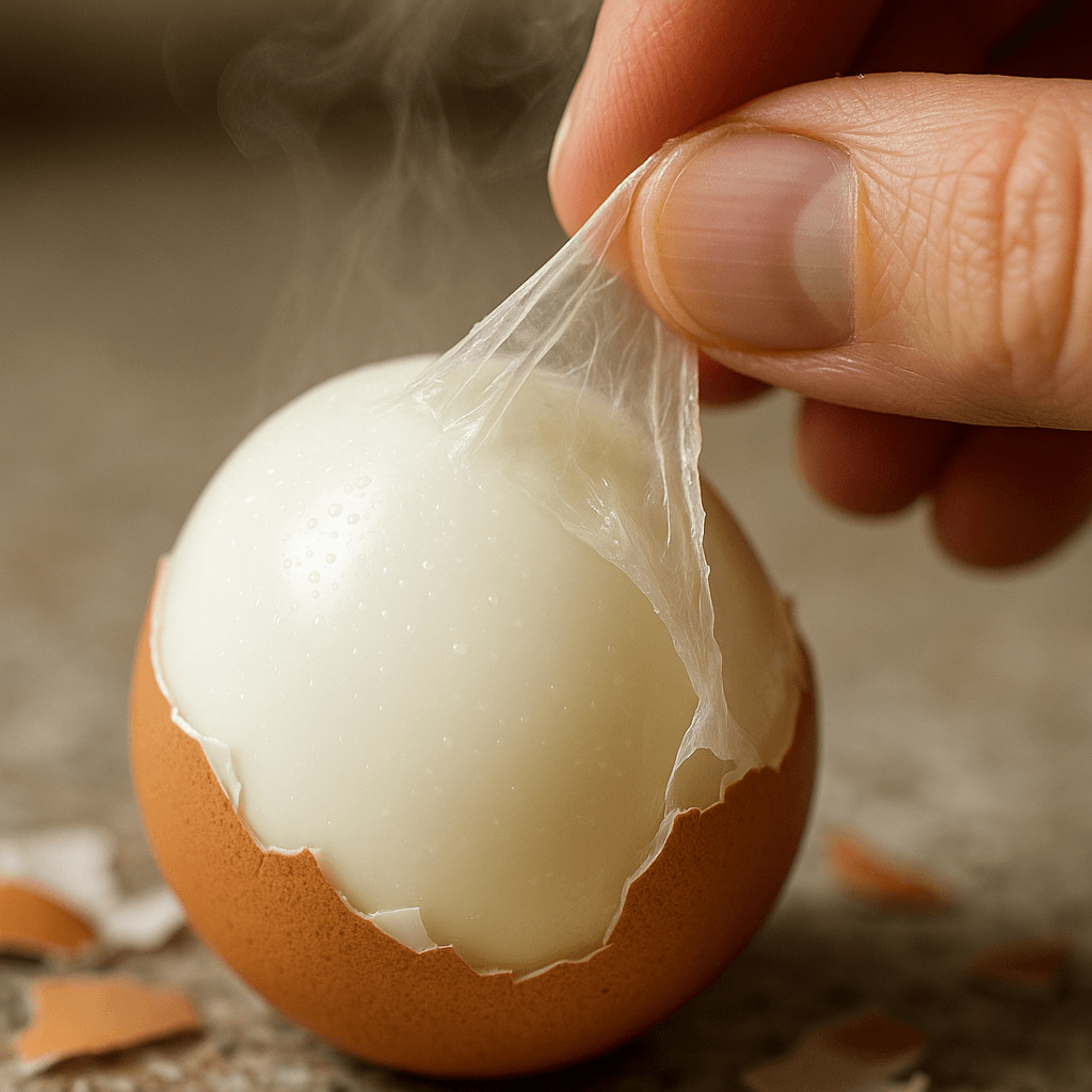 계란 껍질 안쪽에서 난각막이 얇게 벗겨지는 모습