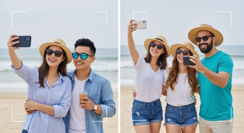 친구들과 해변에서 셀카를 찍는 장면