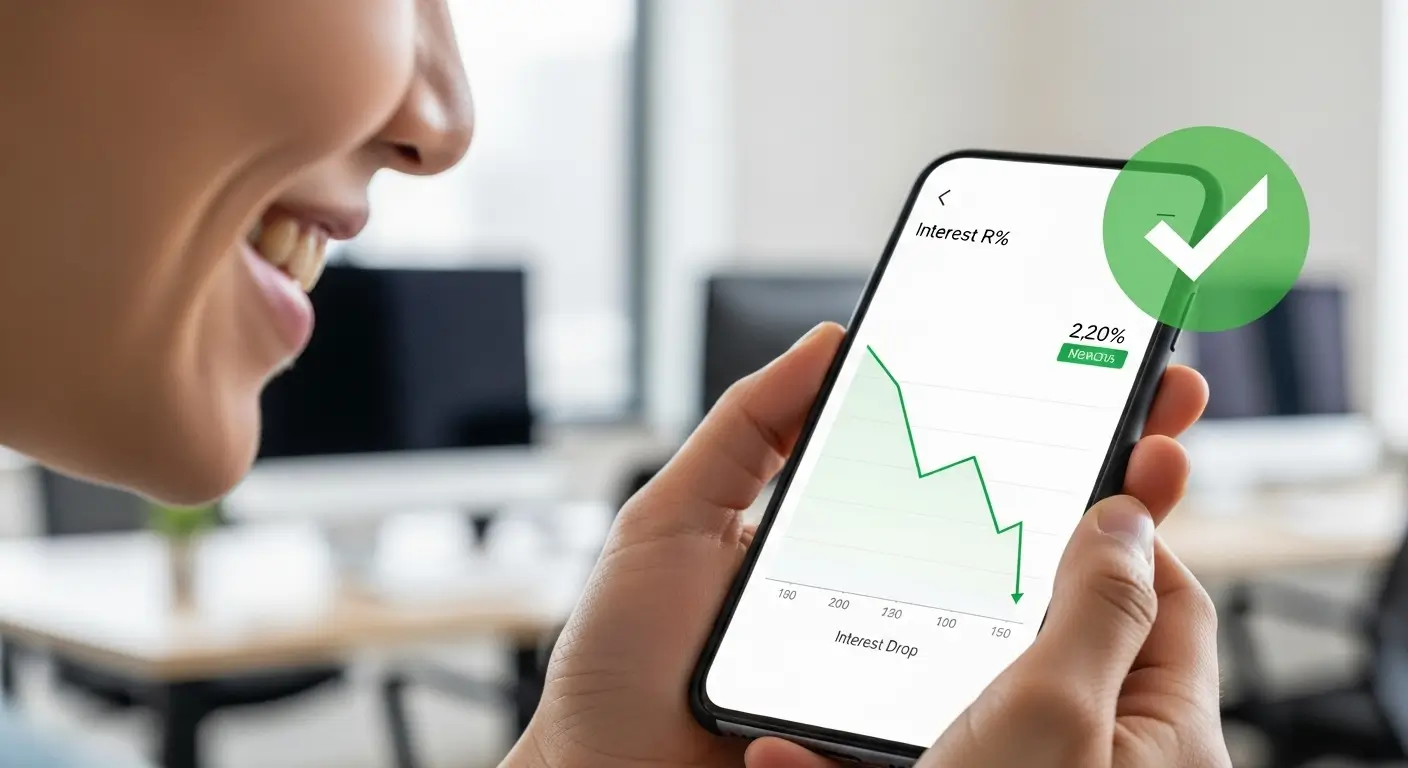 스마트폰으로 채무통합 대환대출 한도를 조회하고 금리가 낮아진 결과를 확인하며 기뻐하는 직장인의 모습