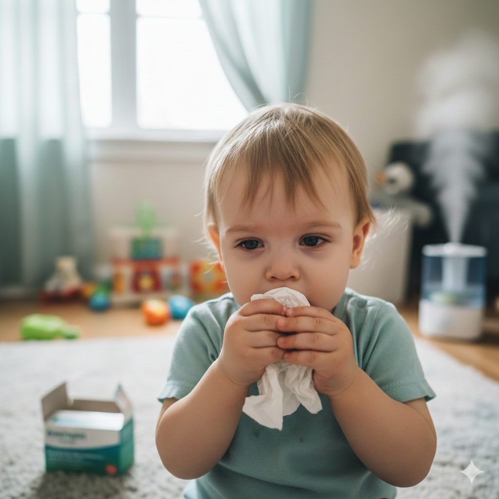 어린아이가 코가 막혀 휴지로 코를 풀려고 하는 모습