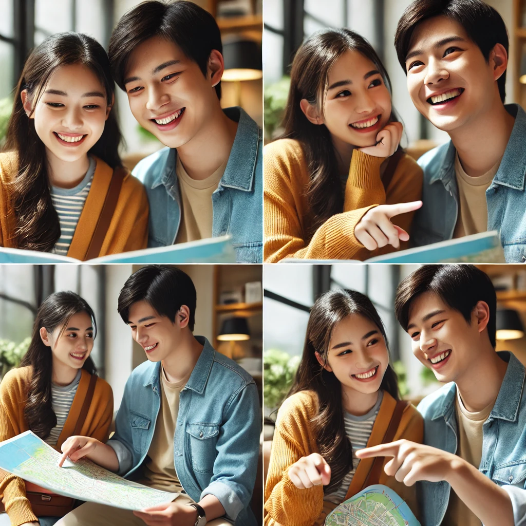 여행 일정표를 함께 보는 커플, 웃으며 지도 보는 장면