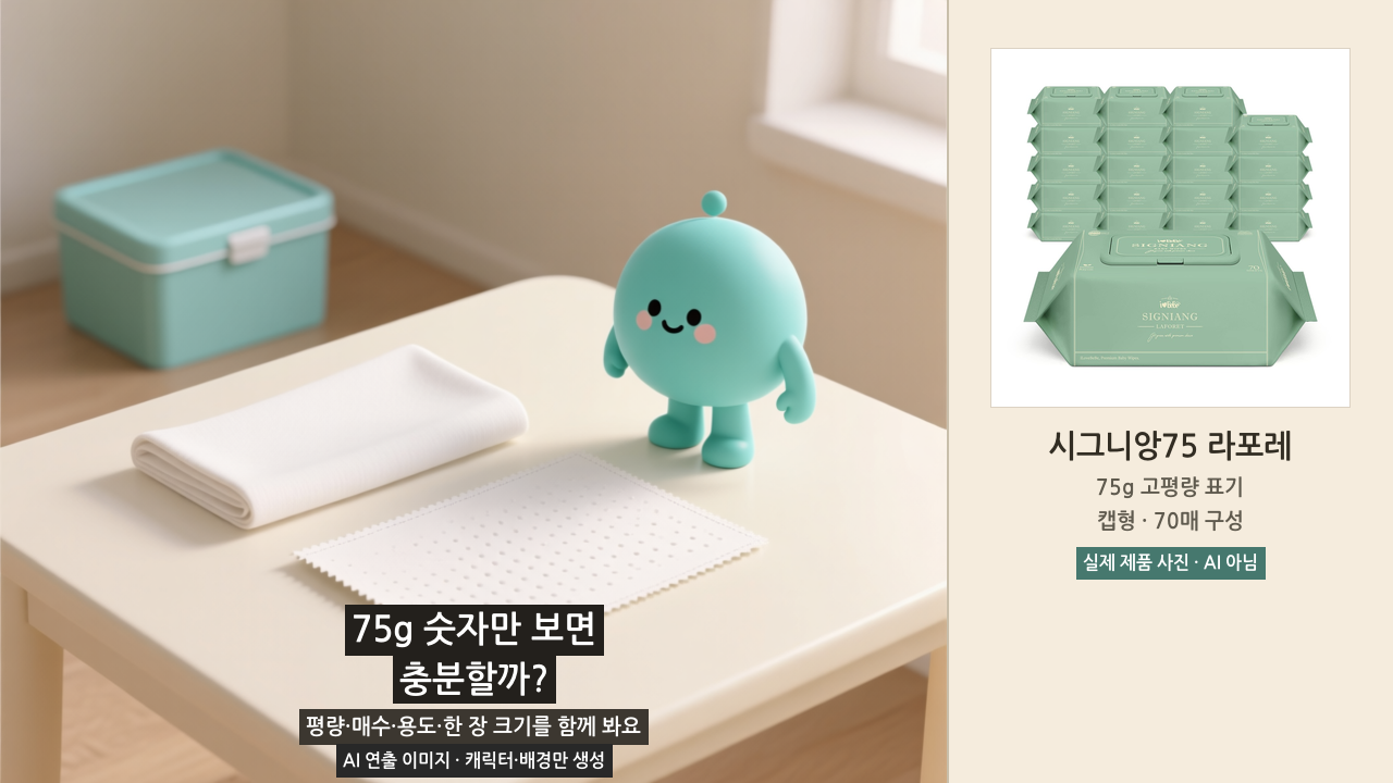 물티슈 75g과 매수&middot;용도&middot;한 장 크기를 함께 비교하는 AI 연출 이미지