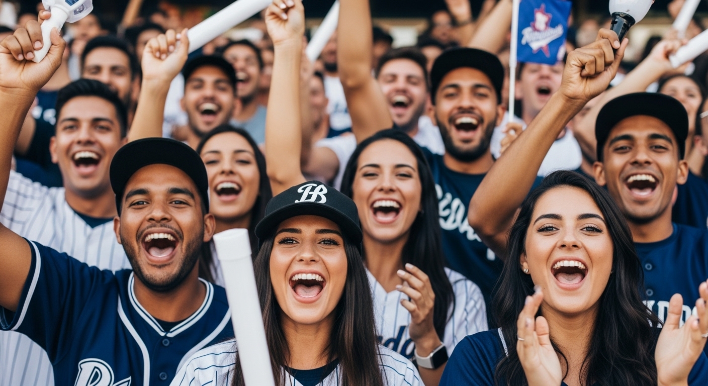 다양한 팬들이 야구 경기장에서 열정적으로 응원하며 함성을 지르는 모습, 역동적인 야구 응원 문화를 상징