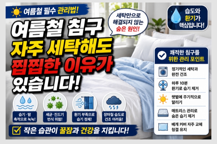 여름철 침구 세탁 관리법을 설명하는 이미지