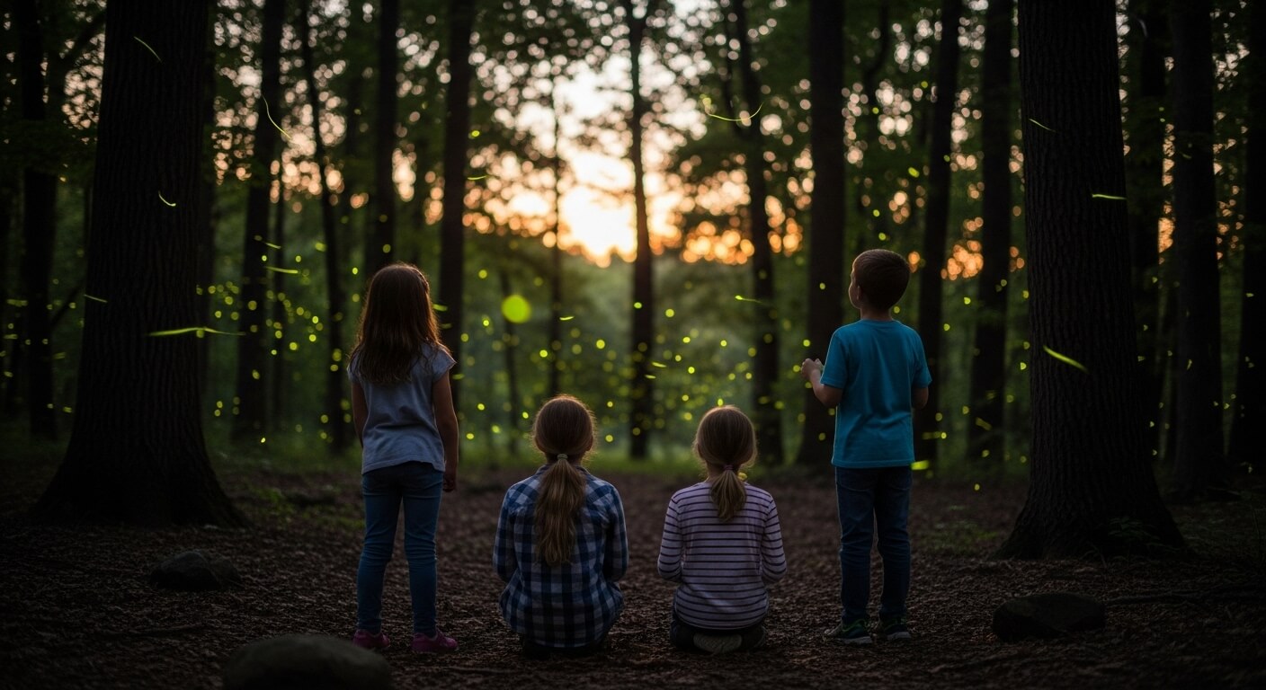 숲속에서 반딧불이를 바라보는 어린이들 무리