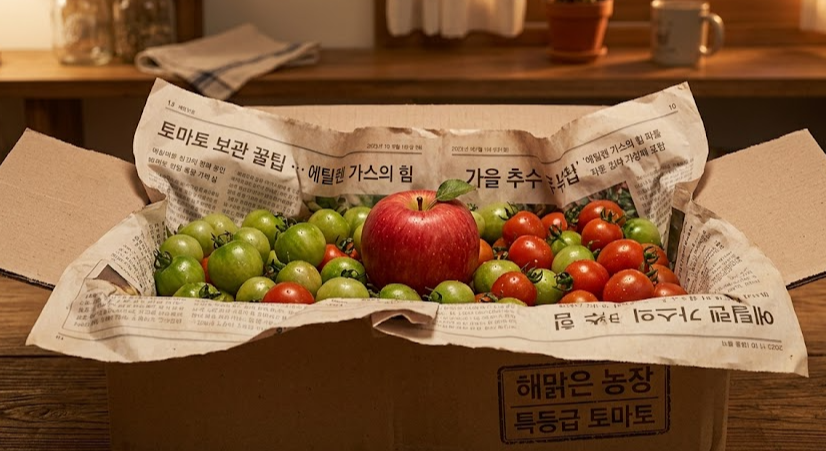 신문지를 깐 종이 박스 안에서 초록색 방울토마토들이 함께 넣어둔 잘 익은 붉은 사과 주변에서부터 서서히 주황색과 빨간색으로 후숙되어 가는 과정