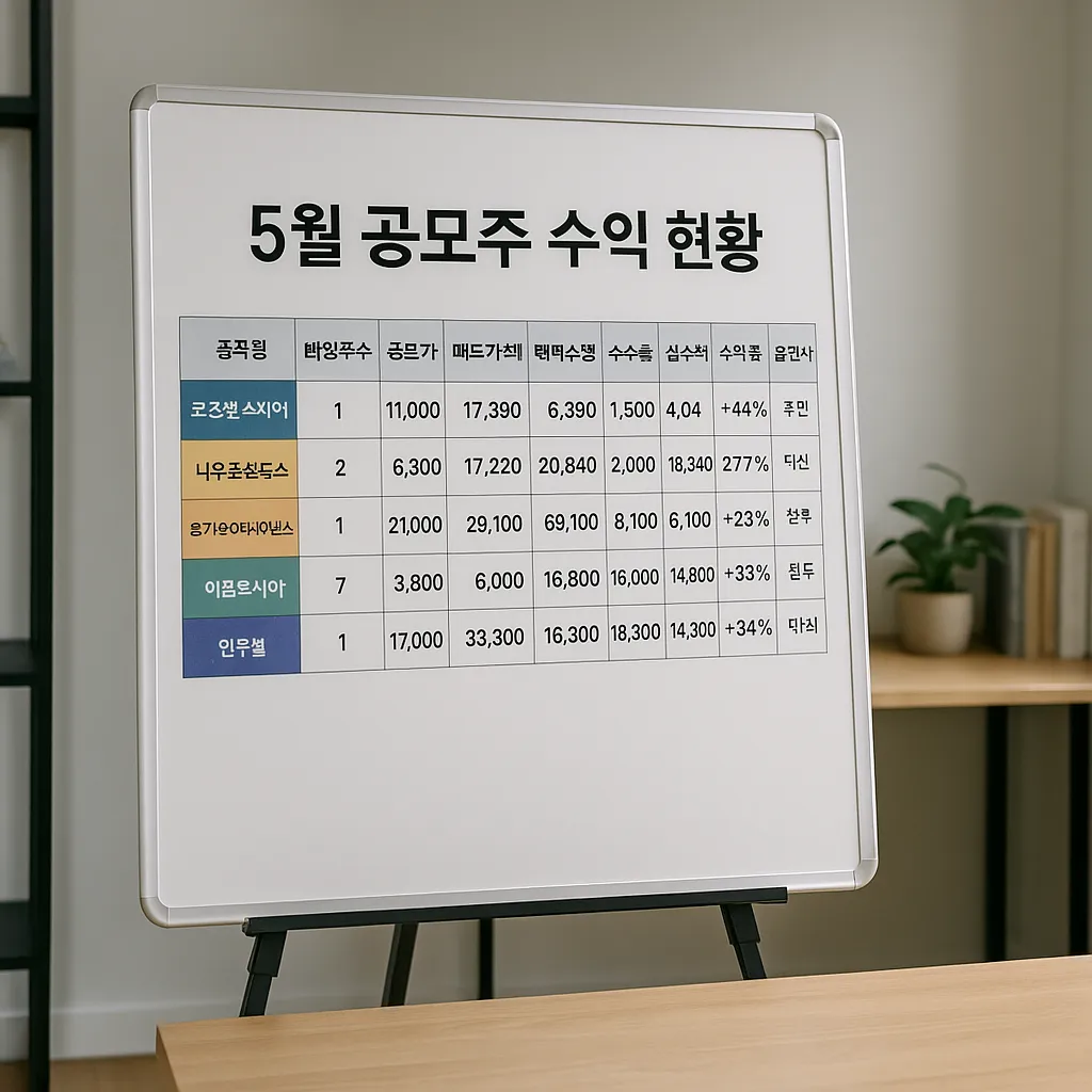 사무실 화이트보드에 정리된 공모주 수익 현황