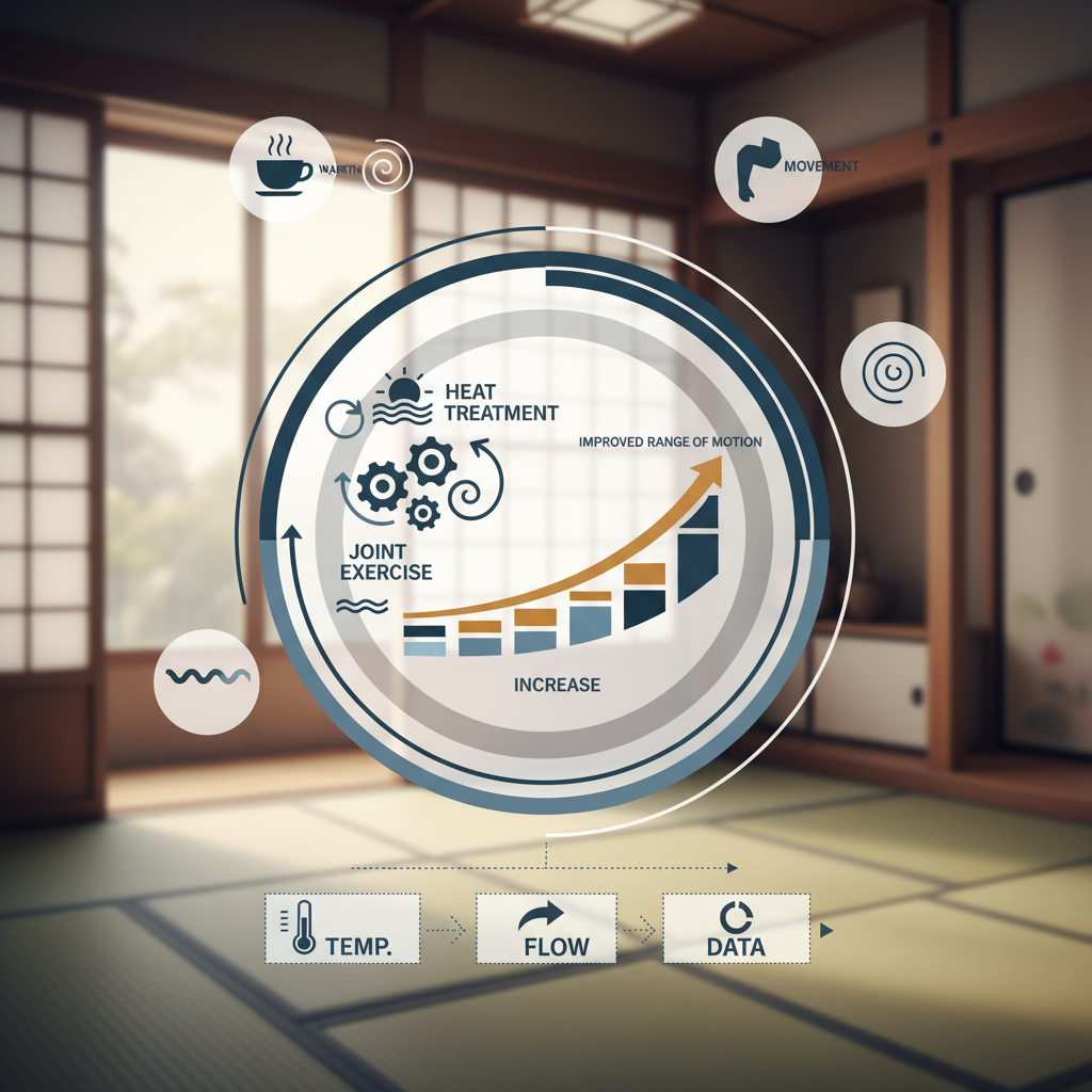 温熱処置と関節運動による可動域改善の観測効果に関する統計・生理メカニズム・対策を示す政策リポート用インフォグラフィック