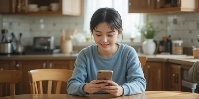 부엌 테이블에서 생리 늦어질때 원인을 검색하는 일상 모습