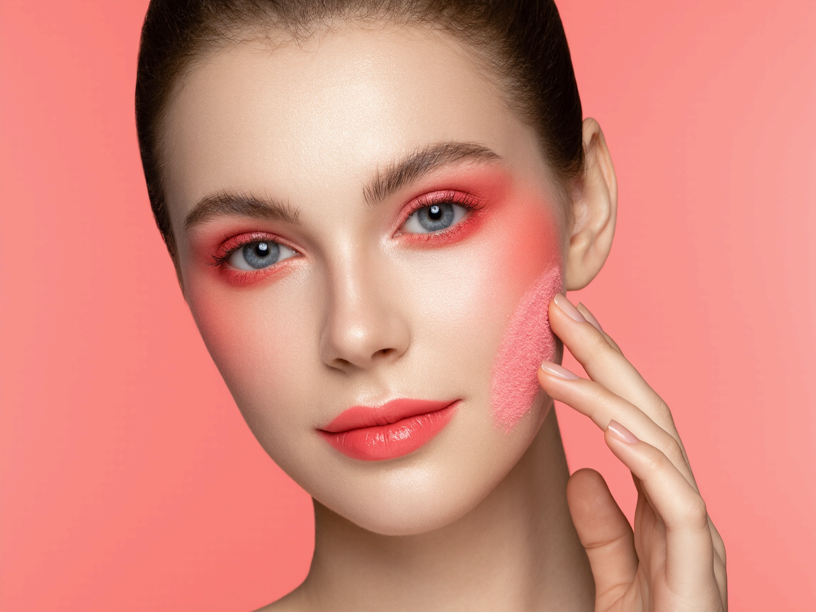 코랄톤 메이크업을 한 여성&amp;#44; 블러셔를 손으로 바르는 모습.