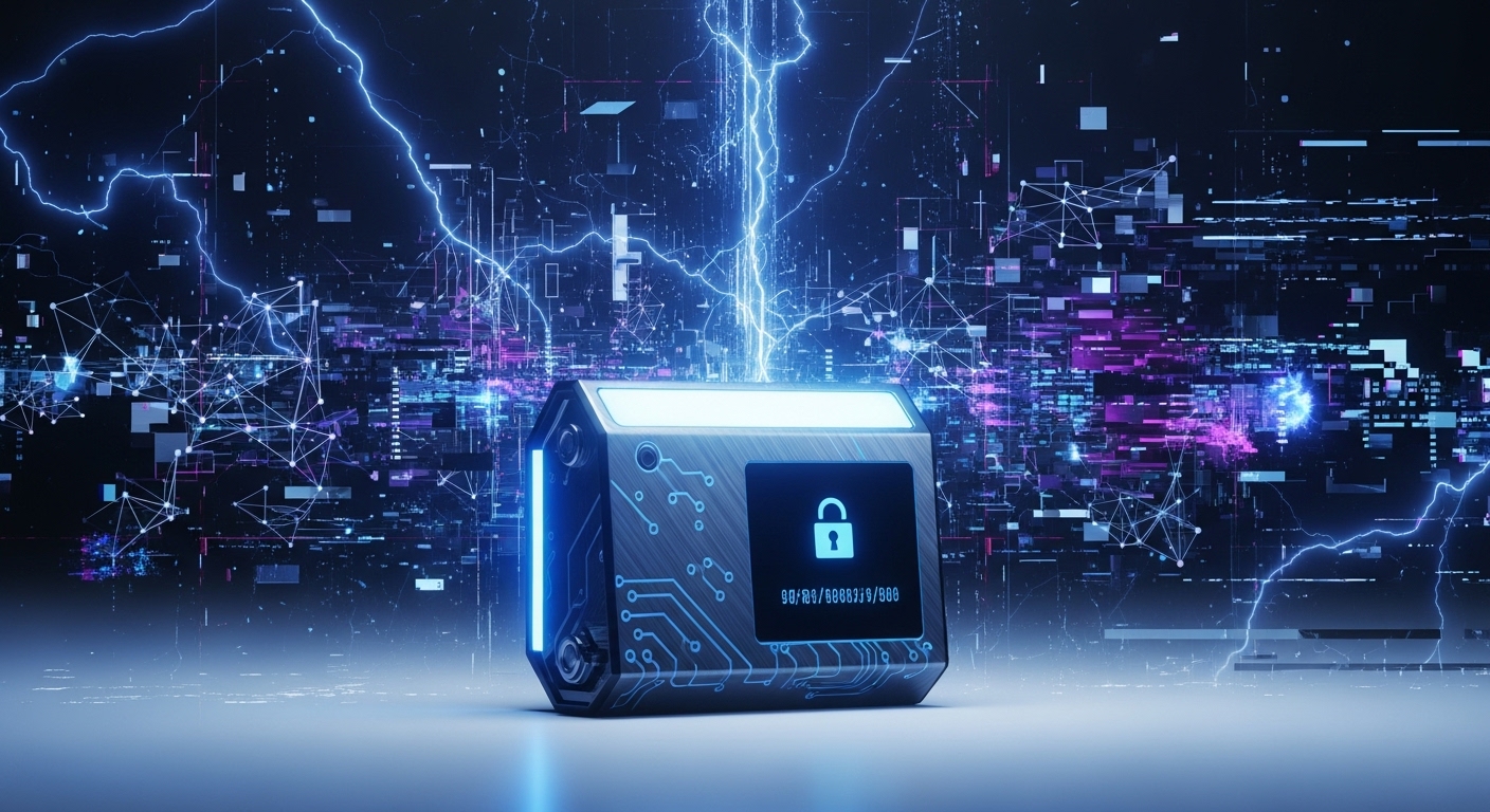 인터넷과 단절된 안전한 콜드월렛이 온라인 해킹 위협으로부터 암호화폐를 보호하는 모습을 상징하는 이미지