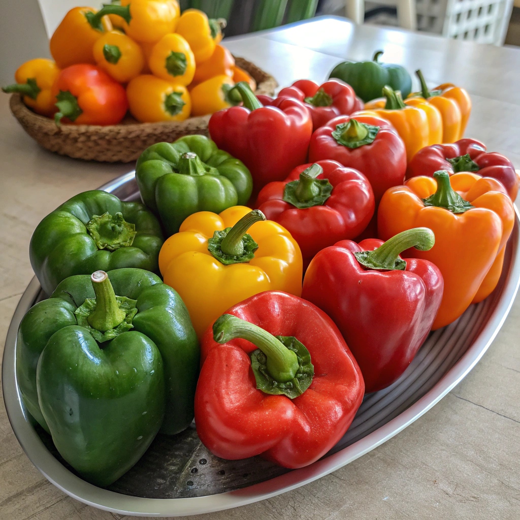 접시에 담겨 있는 피망과 파프리카