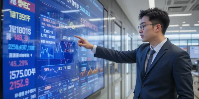 비즈니스 복장을 한 남성이 강원랜드 주가 흐름을 동료들에게 설명하는 장면