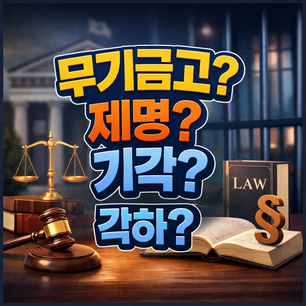 정사각형 썸네일 이미지. 어두운 블루 톤 배경 앞에 법률 관련 소품이 놓여 있음. 왼쪽에는 저울과 가로로 놓인 법전, 앞쪽에는 판사 망치, 오른쪽에는 열린 법전과 § 기호가 있음. 중앙에는 큰 글씨로 “무기금고?”, “제명?”, “기각?”, “각하?”가 위에서 아래로 배열되어 있으며, 각 글씨는 노란색, 주황색, 연한 파랑, 진한 파랑으로 강조됨. 전체적으로 뉴스 기사와 법률 정보 콘텐츠 느낌의 전문적이고 진지한 분위기