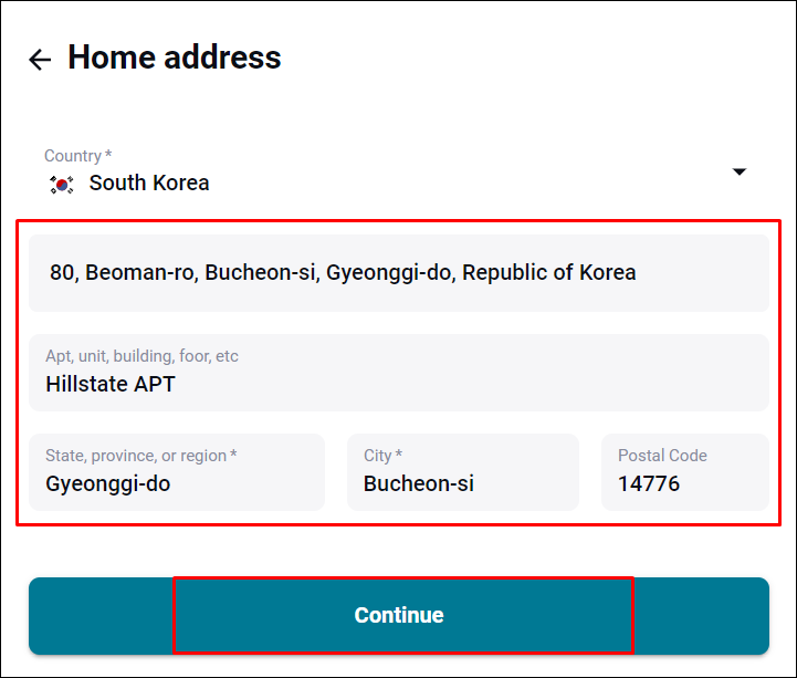 복사한 영문 주소를 붙여넣고 세부주소를 넣은 후에 Continue 버튼을 누르도록 설명하는 사진