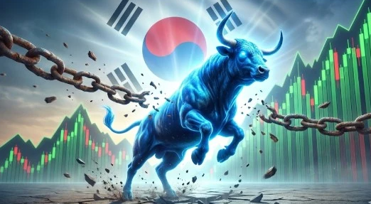 한국 주식시장 쇠사슬 해방, 급등하는 황소 일러스트