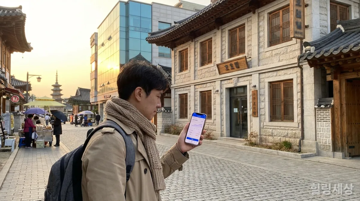 스마트폰 앱으로 숙소 가격을 꼼꼼히 비교하는 사람의 모습