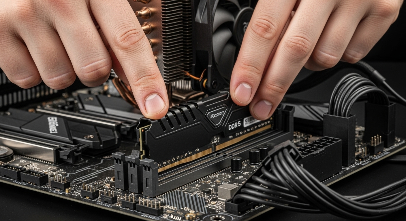 DDR5 슬롯에 RAM 모듈을 정확히 장착하고 있는 손의 클로즈업 이미지, 메인보드 위 다른 부품들이 보인다