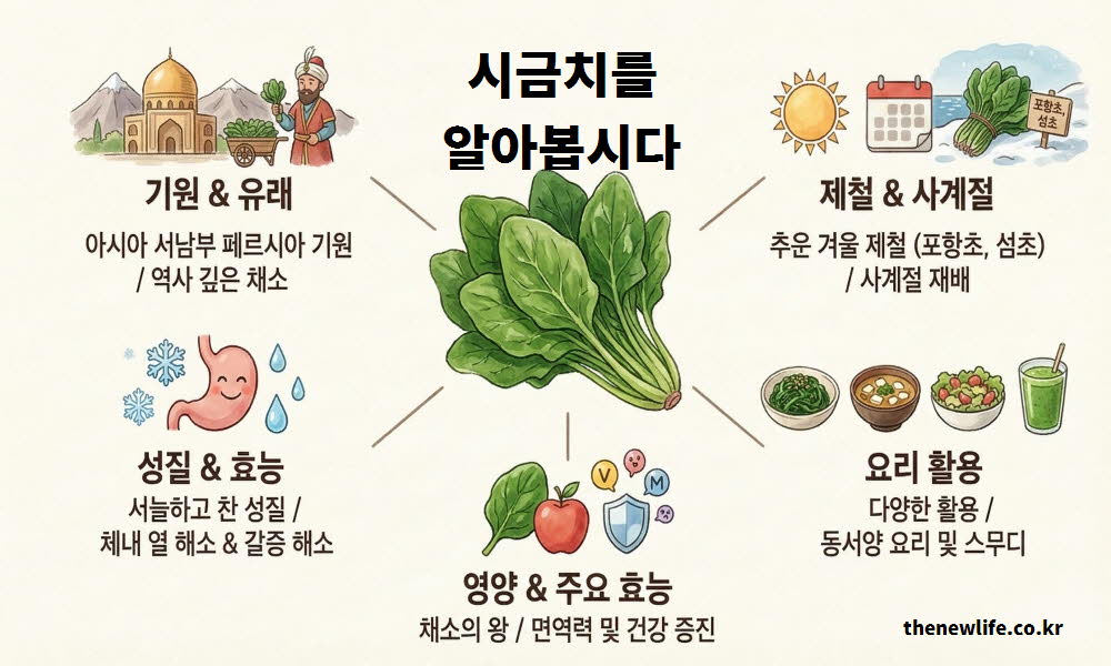 시금치 효능의 기본 정보와 유래 및 기원을 설명하는 이미지