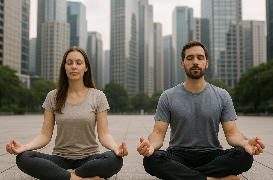 도심 속에서 명상하는 사진