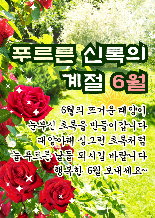 6월 신록 인사말 이미지, 붉은 장미꽃과 초록 나무 배경에 6월 좋은글 문구 카드