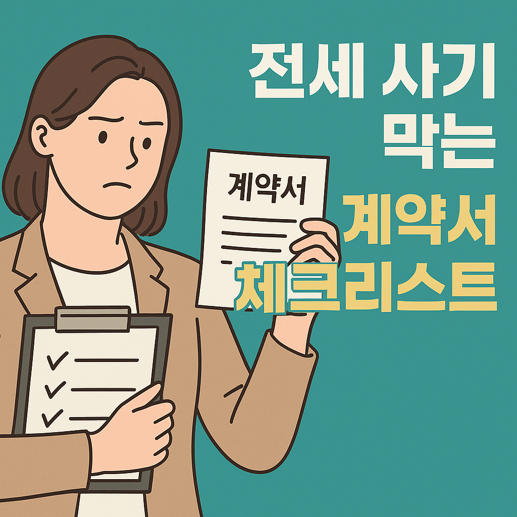 전세 사기를 막기 위한 계약서와 체크리스트를 들고 걱정하는 여성 일러스트