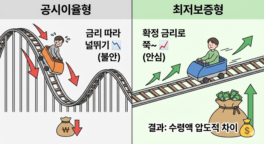 변동 금리와 확정 금리의 안정성 차이를 보여주는 이미지